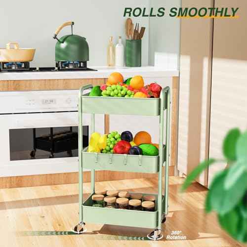 LEHOM 3 Tier Rolling Storage Cart, Metal Trolley Utility Cart with Wheels & Hooks, Easy Assembly Organizer Storage Cart for Bathroom Kitchen Office Bedroom (Green)