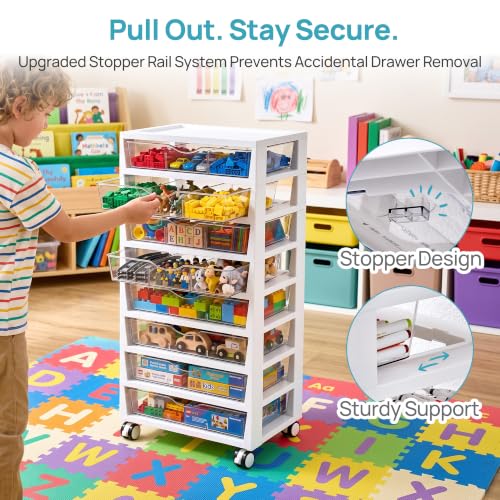 Vtopmart 8-Tier Rolling Cart with Drawers, Clear Plastic Storage, Includes 8 Movable Dividers