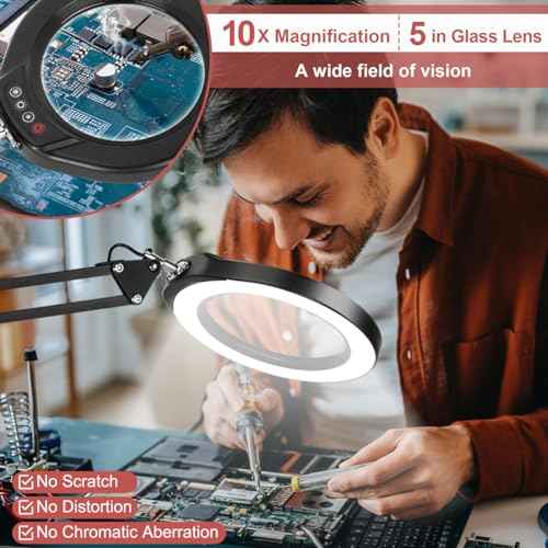 Veemagni 5 Inch Large Magnifying Glass with Light and Stand, 5 Color Modes Stepless Dimmable 10X Glass Lens, Hands Free 2-in-1 Desk Lamp & Clamp, LED Lighted Magnifier for Repair Crafts Close Work
