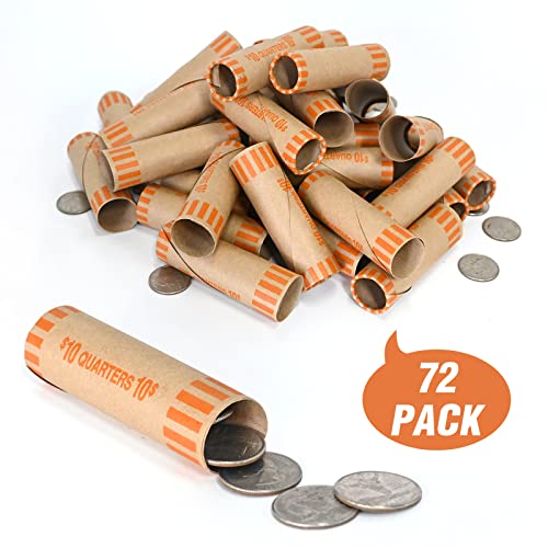 72 PCS Preformed Quarter Coin Wrappers Rolls - Orange ABA Standard, Durable Kraft Paper, Easy Seal, Bank-Grade Organization