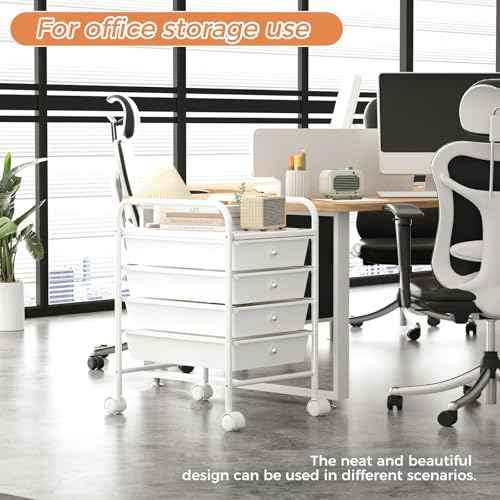 4 Tier Utility Rolling Cart with 4 Drawers Multipurpose Rolling Storage Cart with Wheels and Handles for Office Classroom Kitchen Bathroom Bedroom Organization White