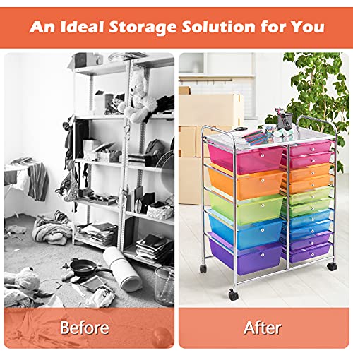 GOFLAME Rainbow 15-Drawer Rolling Storage Cart with Removable Drawers & Lockable Wheels