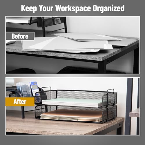 Mind Reader 13.3 x 9.8 Inch Stackable Metal Mesh Paper Trays, Office Desktop Organizer, Black, 2 Pack