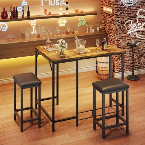 Garvee Rustic 63'' L-Shaped Bar Table 2 Stools Set with Built-in Outlets - Left/Right/Straight Convertible