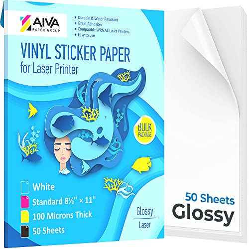 Printable Vinyl Sticker Paper for Laser Printer - Glossy White - 50 Self-Adhesive Sheets - Waterproof Decal Paper - Standard Letter Size 8.5"x11"