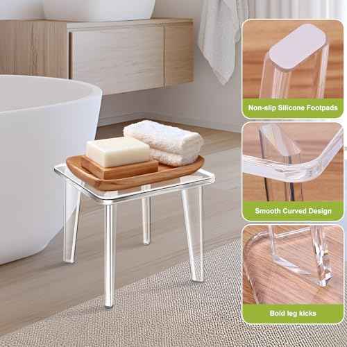 Acrylic Stool,Squre Shower Stools with Non-Slip,12 X 12 X 9.8 in Acrylic Plant Stand for Office Bathroom Living Room,Capacity 200 lbs