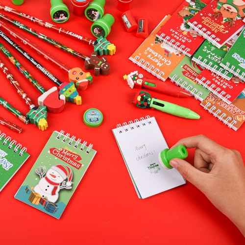 LiYiQ 247 Pcs Christmas Return Gifts for Birthday, Student Stationery Gifts from Teacher, Classroom Gifts Pencil Erasers Notesbook Stickers for Christmas Classroom Birthday Goodie Bags Rewards Prizes