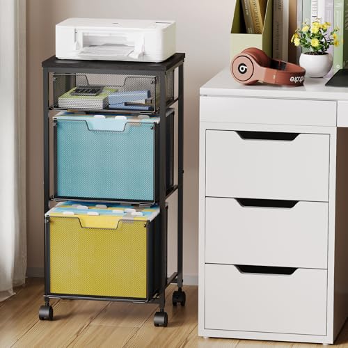 Sbanmao 3-Drawer Mobile File Cabinet with Locking Wheels - Hanging File Folders, Printer Stand, Black (1 Small + 2 Large Drawers)