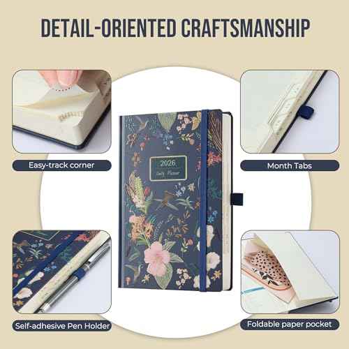 Daily Planner 2026 with One Page Per Day,(A5-8.5" x 5.9"),12 Months Calendar Hourly Appointment Book Monthly Tabs&Self-adhesive Pen Holder,Inner Pocket,3D Designed Flower Cover,Green