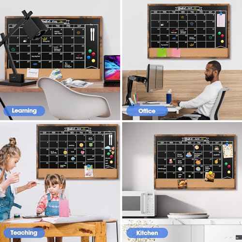 Board2by Monthly Chalkboard Calendar & Cork Board Combo, 24" x 36", Magnetic, Wall Mounted, Blackboard for Office, Kitchen, School, Home