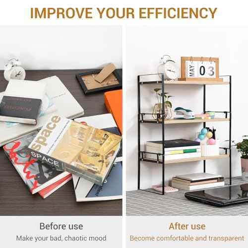 YGYQZ Wood Office Desk Shelf Organizer - Desktop Supplies Cute Dresser Top Organization Storage Rack and Cubicle Decor Aesthetic Bookshelf for Women Man and Kids (Black Wood-Three Tier)