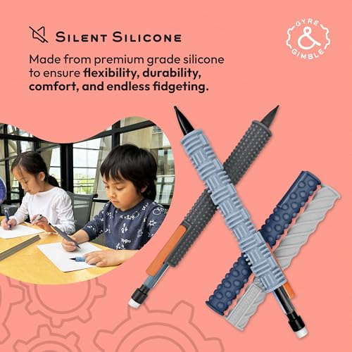 Gyre & Gimble Pencil Gidgets ? Textured Silicone Pencil Sleeve for Quiet Fidgeting ? Transform Your Mechanical Pencil into a Sensory ADHD Tool for Kids and Adults ? 4 Sleeves & 2 Pencils - Gray