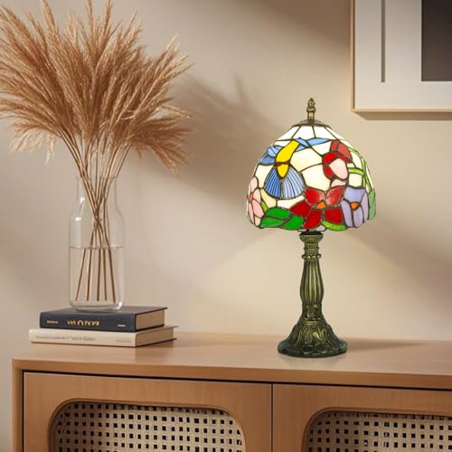 Small Tiffany Lamp 8 Inch Stained Glass, 3 Color Temperature Adjustable, Handcrafted Antique Bedside Lamp for Bedroom Living Room with E26 LED Bulb (Hummingbird)