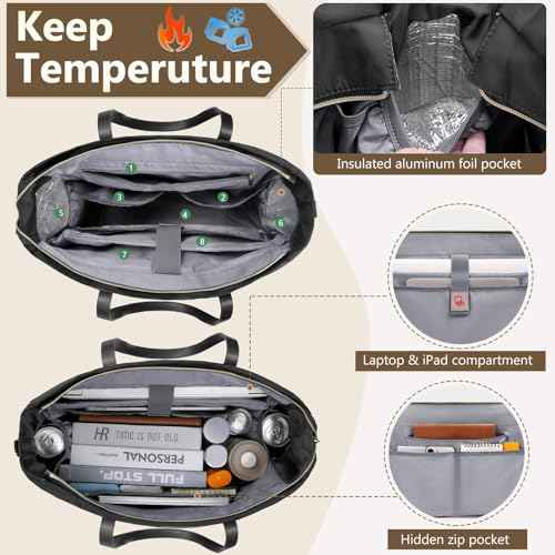 Teacher Tote Bag 15.6 Inch Laptop Bag for Women Work Bag with Accordion File Organizer Pocket & Insulated Pocket Nurse Bag