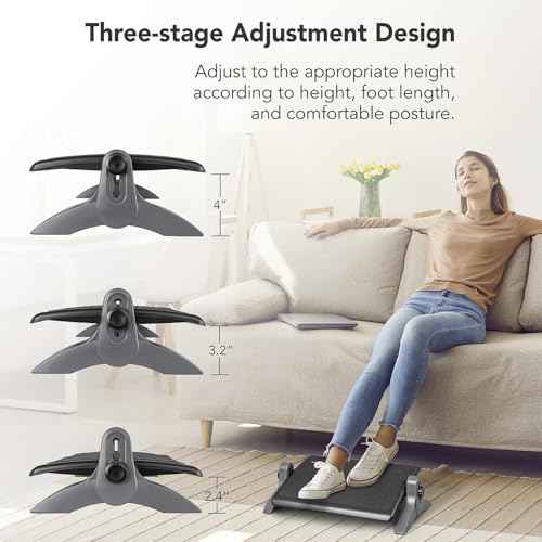 EHO Ottoman, Ergonomic Foot Rest for Under Desk, Adjustable Height and Angle, Rubber Platform, Anti-Slip, Ankle Support, Detachable Washable Cushion, Back and Leg Pain Relief, 21.6"L x 11.4"W, Black