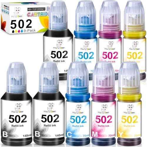 Miss Deer Compatible for 502 T502 Ink Refill Bottles 9 Pack, Replacement for ET-2760 ET-3760 ET-4760 ET-3760 ET-3850 ET-2850 ET-15000 ST-4000 ST-2000 ET-3710 ET-3750 ET-4850 Printer (3BK/2C/2M/2Y)
