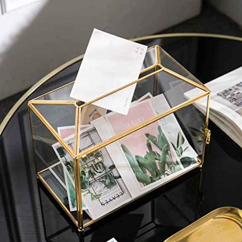 Vellon Clear Wedding Gift Card Box with Lock, Upgraded Security Gold Glass Box for Ballot/Donation/Raffle/Reception, Golden Glass Box