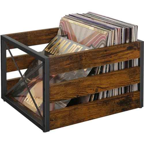 YINMIT Vinyl Record Storage, Large LP Vinyl Record Storage Crate, Metal & Wooden Record Holder, Cube Record Organizer Box, Holds up to 80+ Records