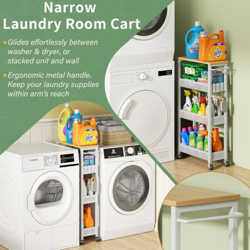 OKZEST Slim Laundry Room Cart 7.1 Inch Wide White with Upgraded Metal Casters