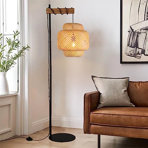 Bamboo Floor Lamp for Living Room, Boho Hand-Worked Woven Cake Lampshade Standing Lamp with Foot Switch, Industrial Black Tall Floor Light Decoration for Bedroom, Farmhouse