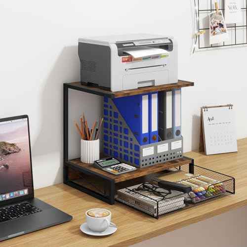 ELITEROO 2-Tier Desktop Printer Stand with Storage Drawer, Wooden Printer Stand for Desk, Small Printer Table with Shelf for Home Office, Fits Fax Machine, Scanner, 3D Printer, Rustic Brown