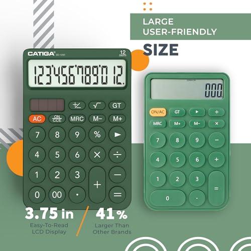 CATIGA Green 12 Digit Desktop Calculator with Large LCD & Big Buttons, Solar & Battery Power