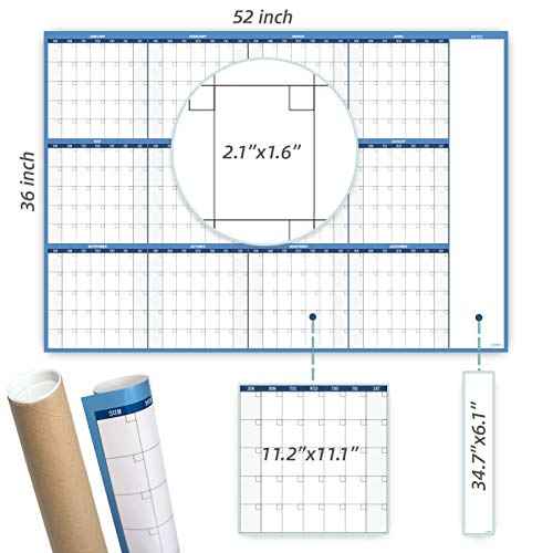 Large Dry Erase Wall Calendar - 52"x36" - Blank Undated Yearly Calendar - Whiteboard Premium Laminated Planner - Reusable Laminated Office Jumbo 12 Months Calendar