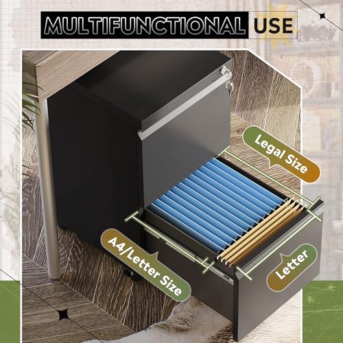 DEVAISE Black Metal File Cabinet with 2 Drawers, Fully Assembled, 17"D x 15"W x 27"H