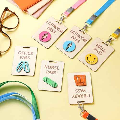 6 Sets Hall Pass Lanyards and School Passes Set Unbreakable Wooden Bathroom Passes for Classrooms Hall, Restroom, Library, Office and Nurse School Teacher Supplies Gift