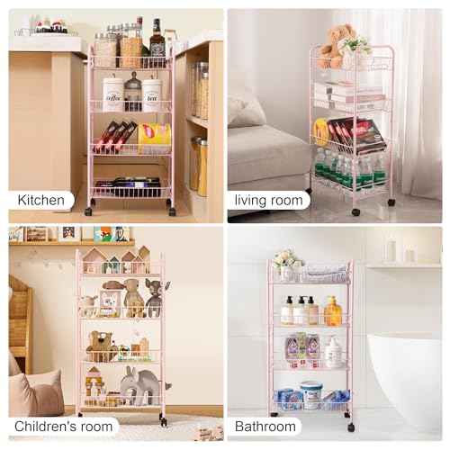 PLKOW 4-Tier Metal Rolling Utility Cart, Multi-Functional Storage Cart for Office, Living Room, Kitchen, Bathroom, Lightweight Organizer Cart with Wheels, Pink