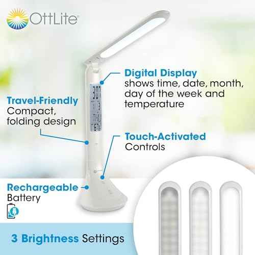 OttLite ClearSun LED Travel Task Lamp - Cordless, Digital Display & Touch Activated Controls - Desk Lamp with Rechargeable Battery - Travel-Friendly & Portable Reading Lamp
