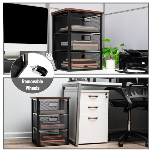Mind Reader 3-Drawer Wood-Top Rolling Office Organizer Cabinet with Mesh Drawers – Black