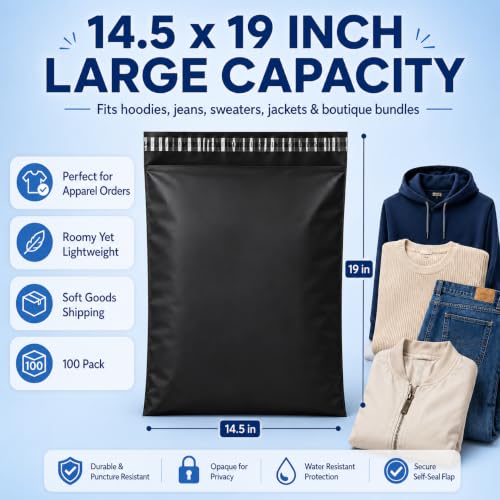 Fuxury Black Poly Mailers 14.5x19 Inches - Pack of 100 Shipping Bags for Clothing
