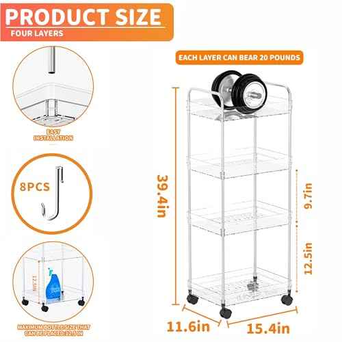 Yieach 4 Tier Acrylic Clear Rolling Cart with Wheels,Plastic Storage Cart on Wheels for Bedside,Dorm Room,Bathroom Organizers and Storage Shelf,Utility Cart Organizer for Snack,Craft,Art,Makeup,Baby