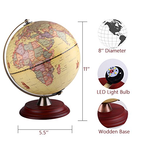 Illuminated World Globe for Adults & Kids with Wooden Stand,Built in LED Lamp for Illuminated Night View Antique Globe for Home D?cor and Office Desktop 8inch
