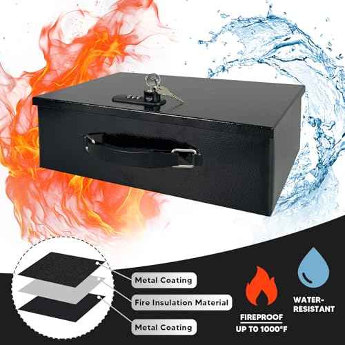 YIYITOOLS Fireproof Lock Box for Documents, Fire Resistant Safe Fire Safe Box with Dual Combination and Key Lock Document Box with Carrying Handle for Personal Items Jewelry Money, Black