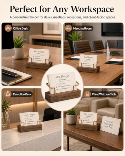 HJX Custom Square Walnut Business Card Holder with Engraving Desk Stand