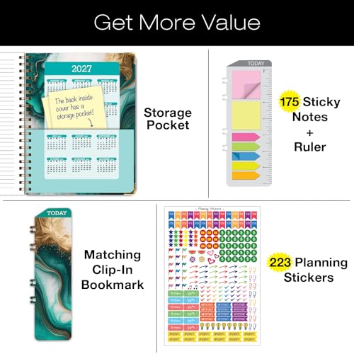 HARDCOVER 2026 Planner, 8.5"x11": 14 Months (November 2025 - December 2026), Daily Weekly Monthly Planner, Yearly Agenda, Bookmark, Pocket Folder and Sticky Note Set (Teal Gold Marble)