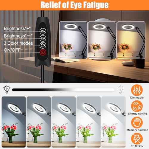 10X Magnifying Glass with Light and Stand, Dimmer Adjustable Swing Arm 2-in-1 Desk Lamp and Clamp, LED Lighted Desk Magnifier with Light for Craft Reading Repair Painting Close Work