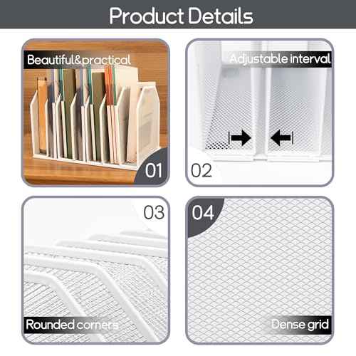 Adjustable Desk File Organizer,Detachable Office Folder Organizer,Compact Vertical Desk File Holder,Wrought Iron Paint,Suitable for Home, School, Office Classrooms (White - 7 grids)