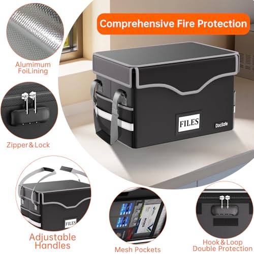 DocSafe 16.2x12.6x10.7 Inch Fireproof Document Safe Box with Lock, Heat Insulated, Collapsible, Black