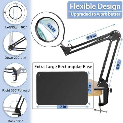 Drdefi 10X Magnifying Glass with Light and Stand, 2-in-1 Magnifying Desk Lamp Rectangular Base & Clamp, 5 Color Modes Stepless Dimmable, LED Lighted Magnifier Hands Free for Painting Sewing Craft
