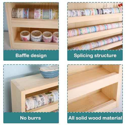 4 Layers Wood Washi Tape Box Organizer Storage with Hanging Hook,Masking Tape Desktop Tape DIY Sticker Roll Tape Cutter Holder Storage,Divider Closet Container Holder for Sewing,Thread