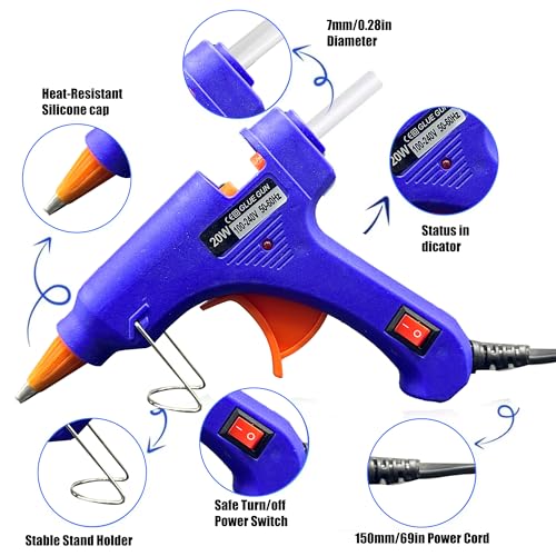 ZFYOUNG Mini 20W Blue Hot Glue Gun Kit with 10 7mm Sticks – Anti-Drip, Safety Switch