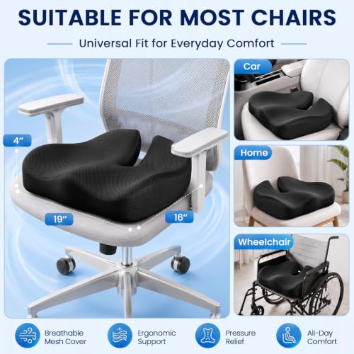 CJACSOC Black XL Memory Foam Seat Cushion for Office Chair, Car & Wheelchair