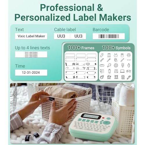 Vixic Label Maker, D210S Label Maker Machine with 4 Laminated Tapes, 12mm Labeler Labelmaker with QWERTY Keyboard, Print Different Fonts Frame Barcode for Home Office School, Green