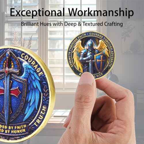 Christian Knight Challenge Coin Faith, Courage & Strength Armor of God Ephesians 6:10 Guardian Angel Warrior Shield and Sword Coin for Men and Women (Angel Knight-5 PCS)