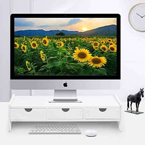 VALEN Monitor Stand Riser, Computer Laptop Riser Shelf with 3 Organizer Drawers (White, 19.5" L x 7.5" W x 4.7" H) (White)