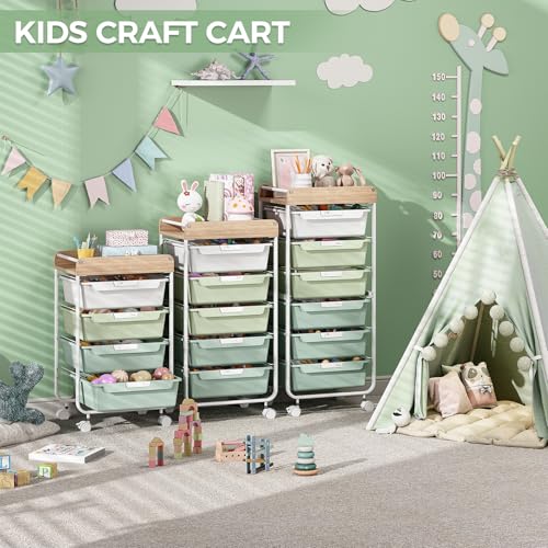 SYKIARIOL Green 4-Drawer Rolling Storage Cart with Wooden Top, Multi-Use Organizer