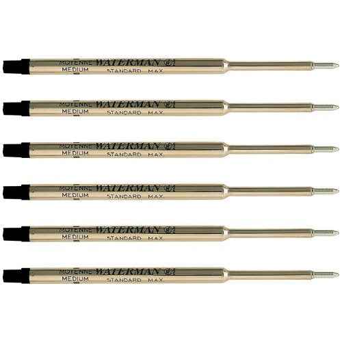 Waterman Ballpoint Pen Refill, Medium Point, Black Ink, Pack of 6 (83425)